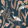 Oriental Birds Wallpaper Navy Orange