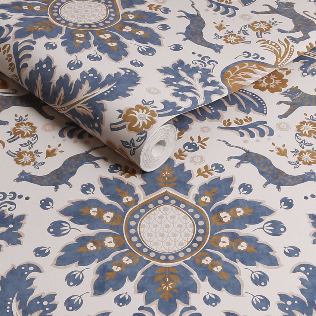 Joules Animal Damask Print Cream/Blue/Gold Wallpaper Wallpaper Shop