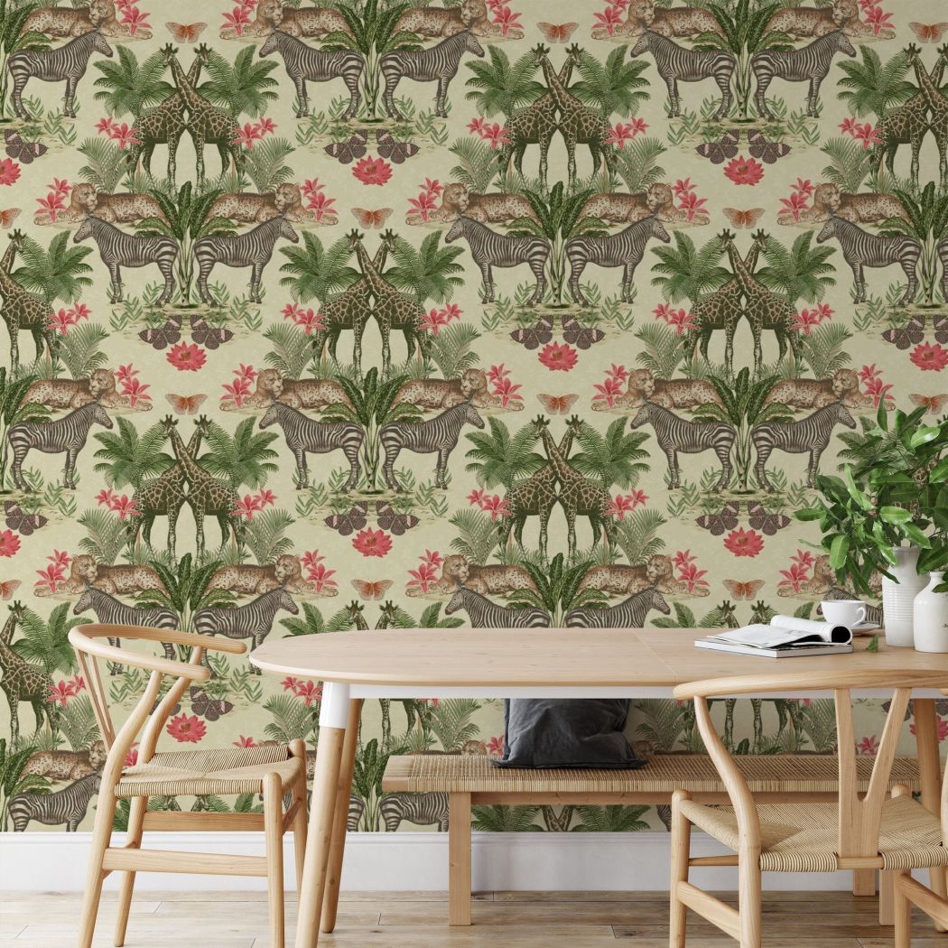 Grandeco Animal Kingdom Wallpaper Yellow, Teal, Or Cream