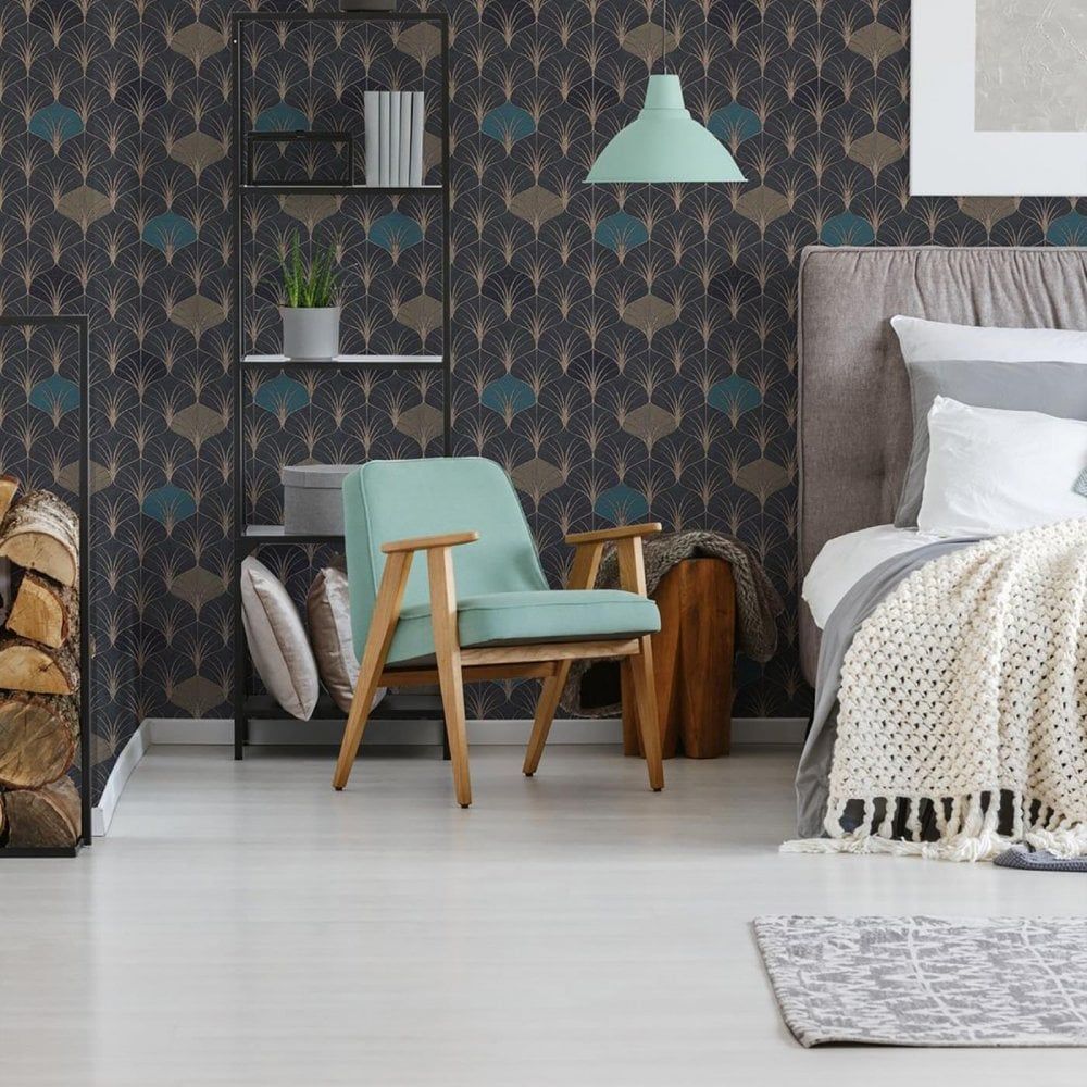 Art Deco Leaf Wallpaper Black