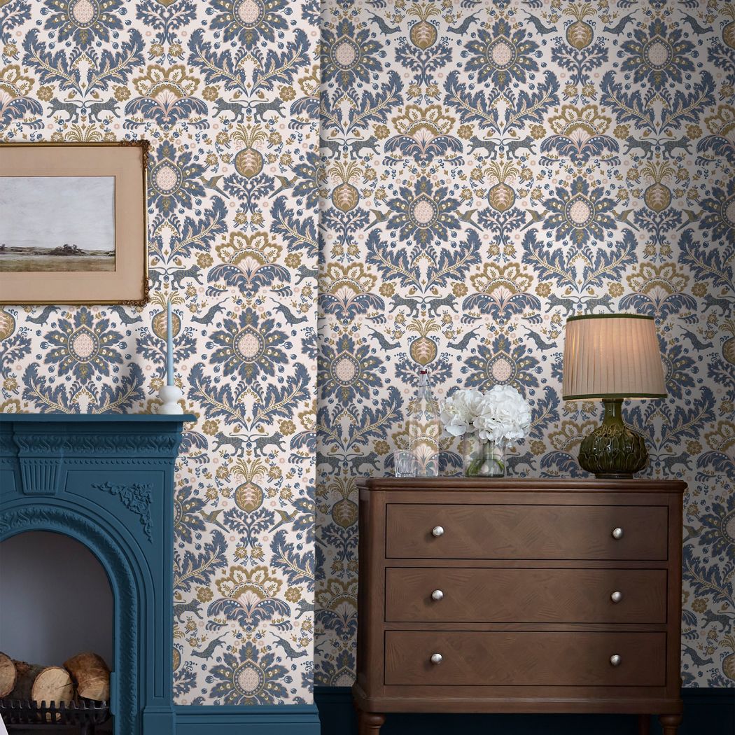 Joules Animal Damask Print Cream/Blue/Gold Wallpaper Wallpaper Shop