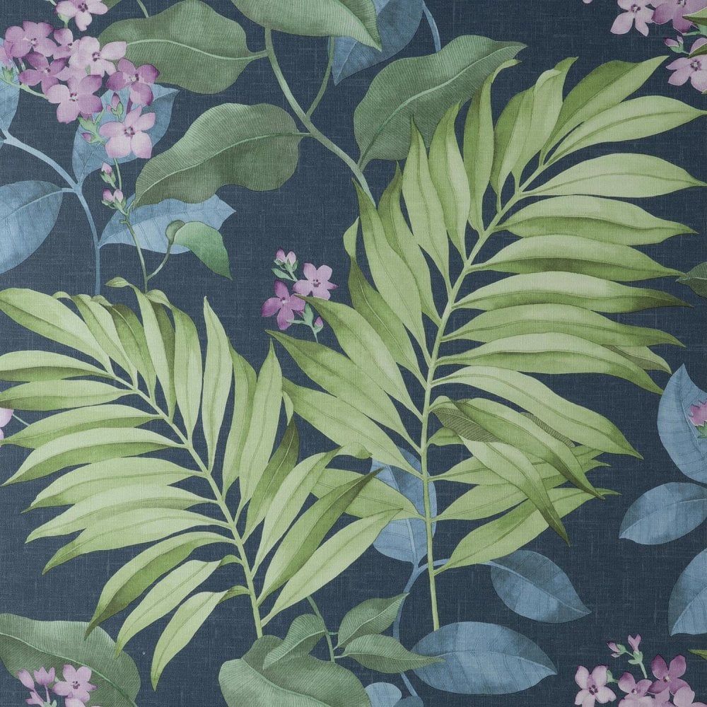 Crown Eden Tropical Palm Wallpaper Navy, Green, Grey