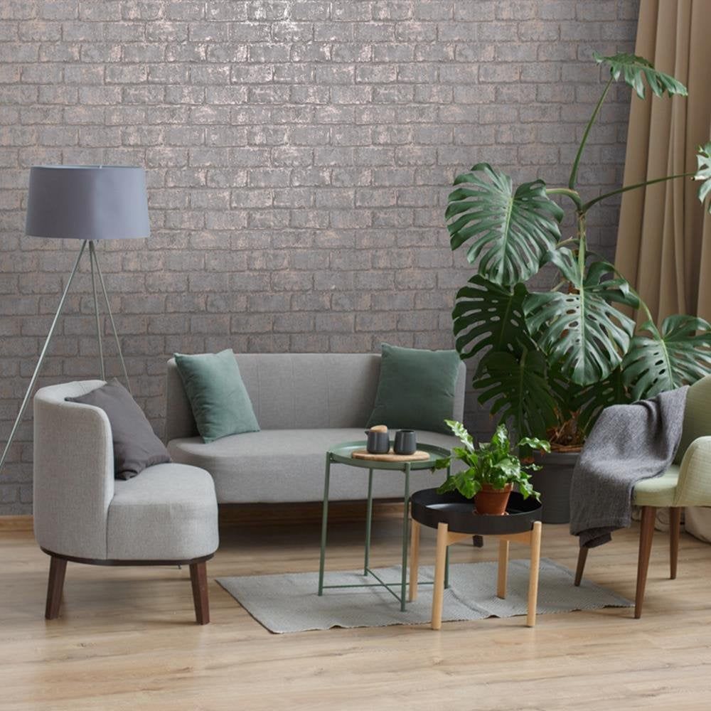 Glistening Brick Effect Metallic Wallpaper Slate Grey Rose Gold