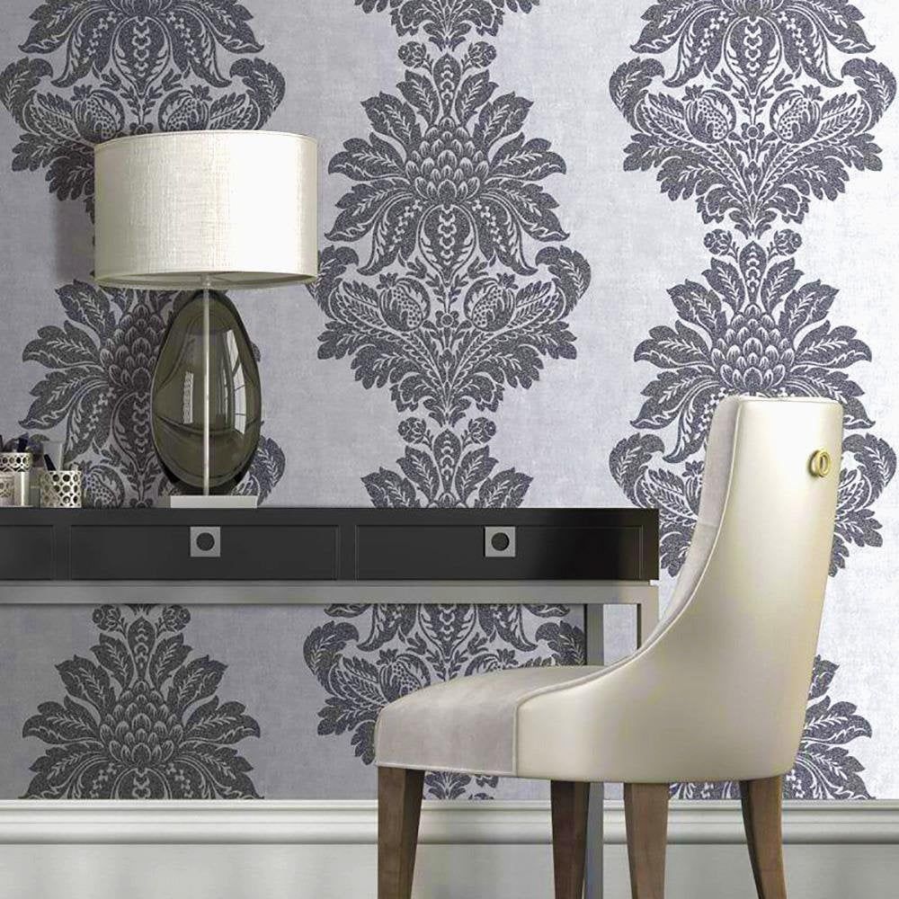 Insignia Glitter Damask Wallpaper Grey Petrol Blue Wallpaper Shop