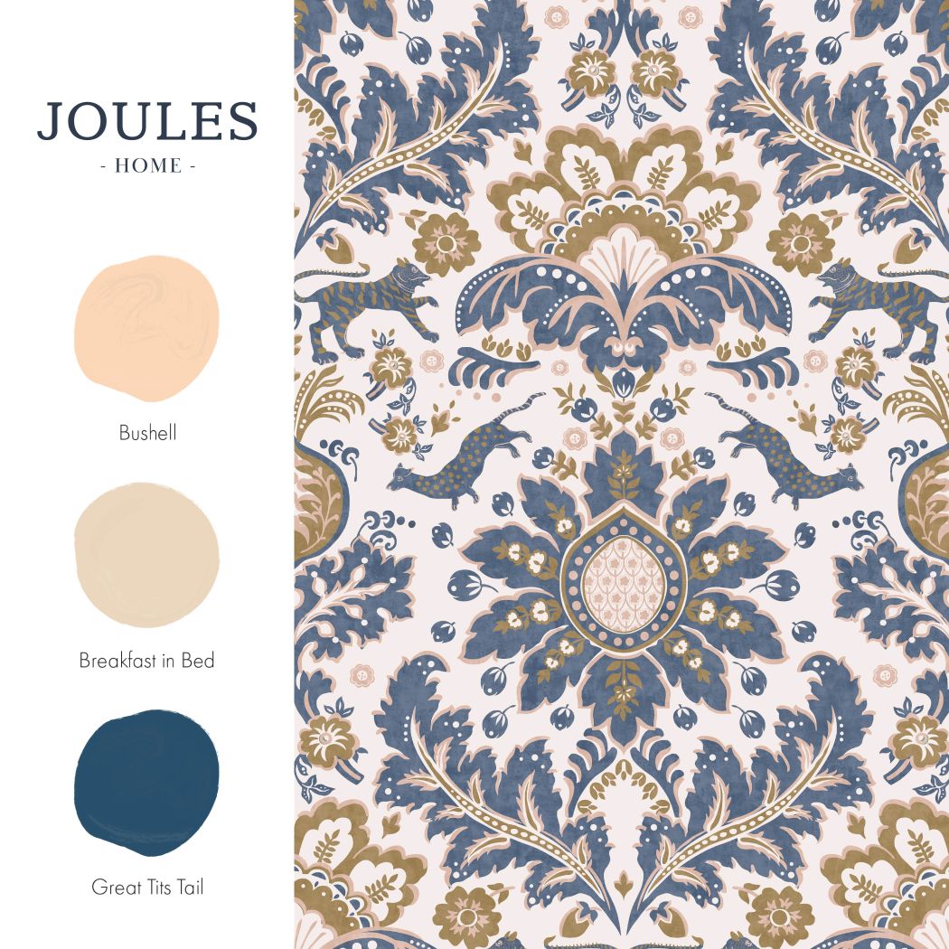 Joules Animal Damask Print Cream/Blue/Gold Wallpaper Wallpaper Shop