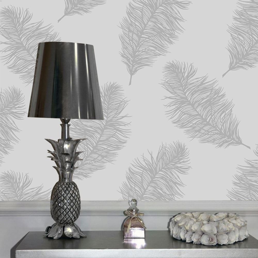 Love Fawning Feather Metallic Wallpaper Blue Grey Cream Rose Gold