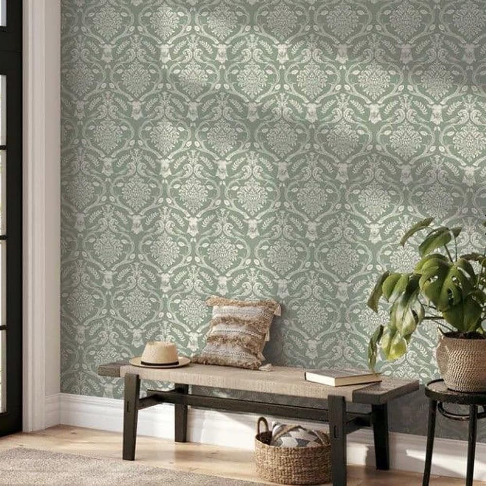 Stag Damask Sage Green Wallpaper Shop