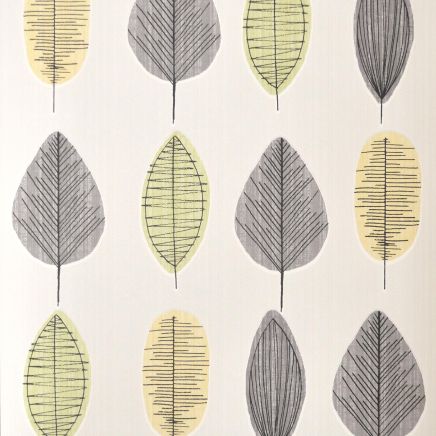 Scandi Leaf Cream Grey Yellow Wallpaper