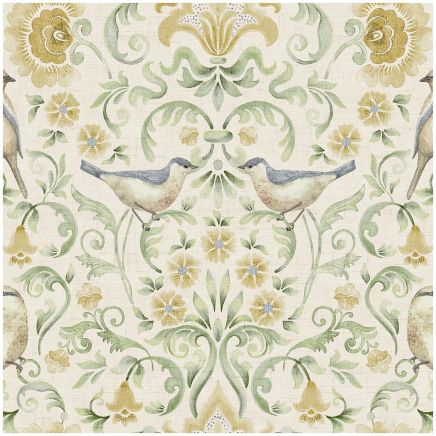 Floral Bird Damask Wallpaper Yellow Green