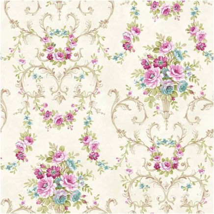 Chelsea Garden Rose Bush Wallpaper Pink Cream Blue