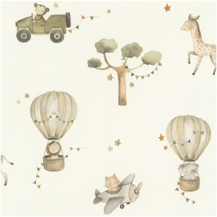 Beige/Green Safari Animals Wallpaper