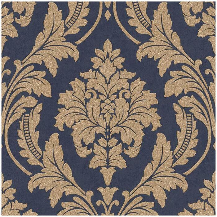 Navy Gold Damask Wallpaper