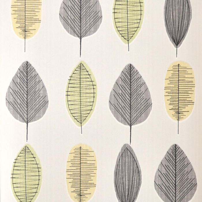 Scandi Leaf Cream Grey Yellow Wallpaper
