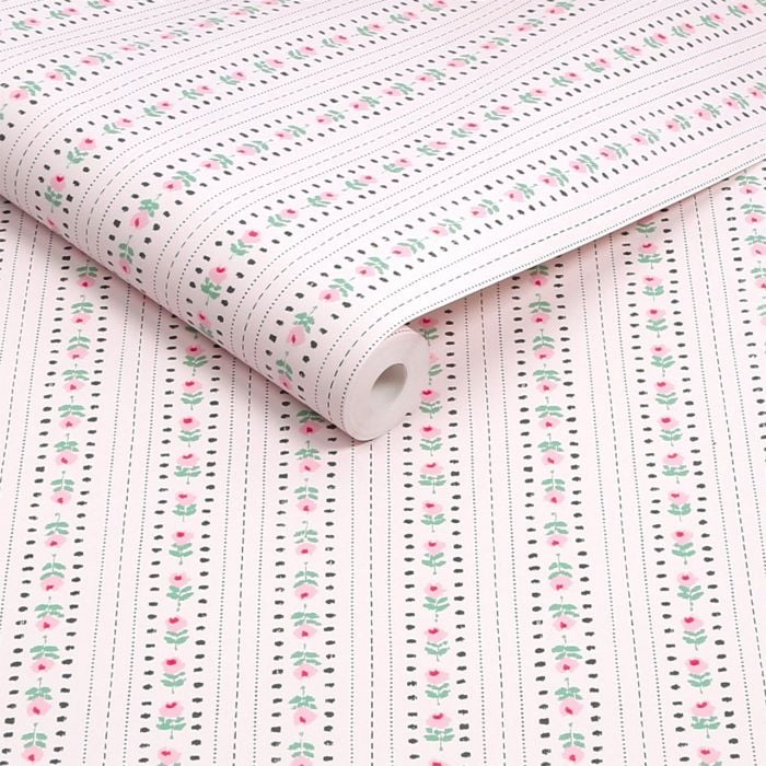Cath Kidston Rose Ticking Stripe Pink Wallpaper