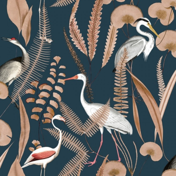 Oriental Birds Wallpaper Navy Orange