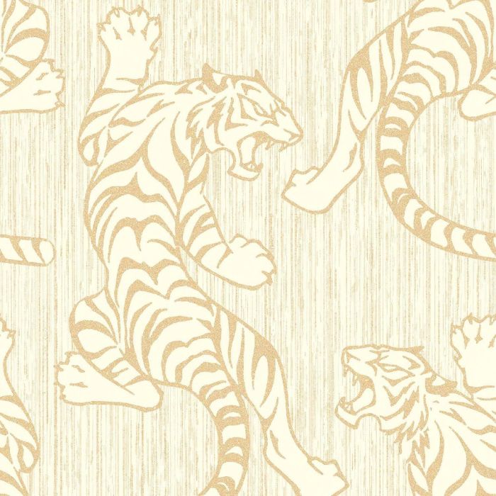 Tiger Wallpaper Animal Print Glitter Metallic Shiny Gold Cream