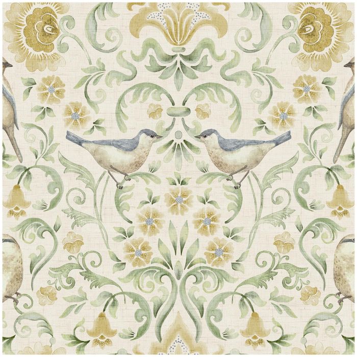 Floral Bird Damask Wallpaper Yellow Green