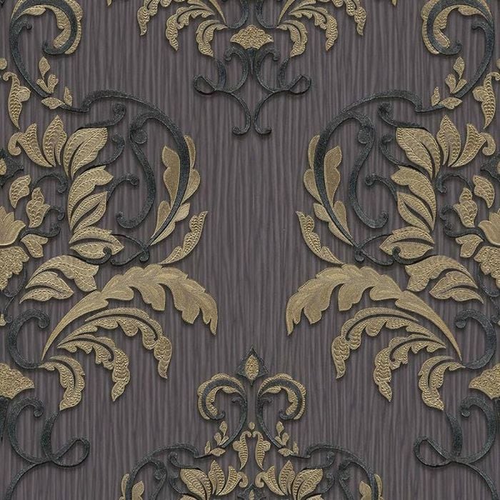 Spotlight Damask Charcoal Gold Wallpaper