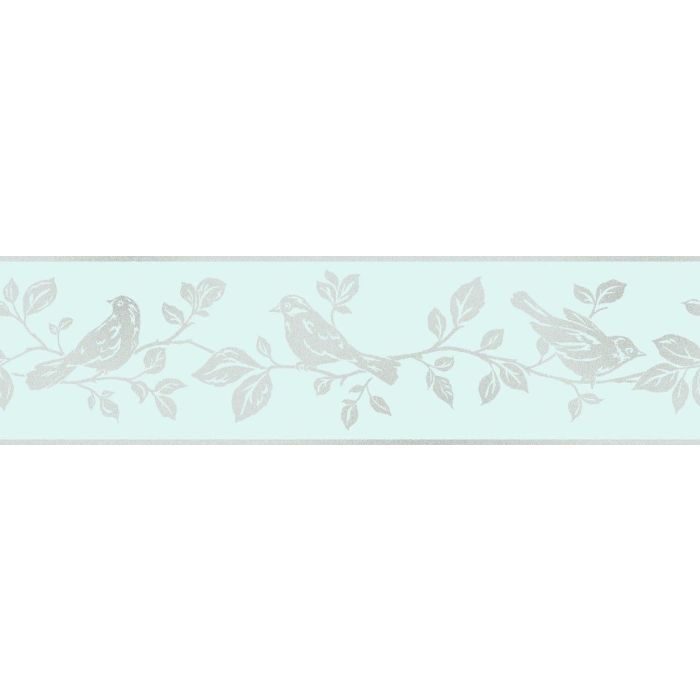 Glitz Shiny Glimmer Glitter Teal Silver Birds Leaf Wallpaper Border