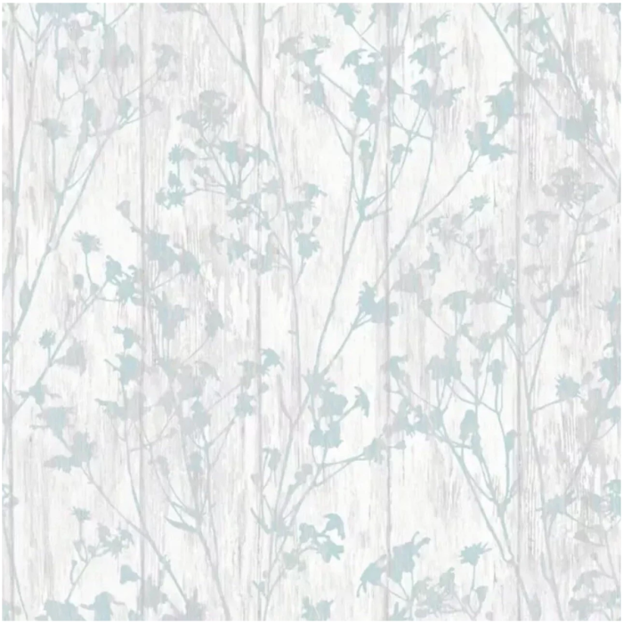 Wood Slat Floral Wallpaper Duck Egg Grey
