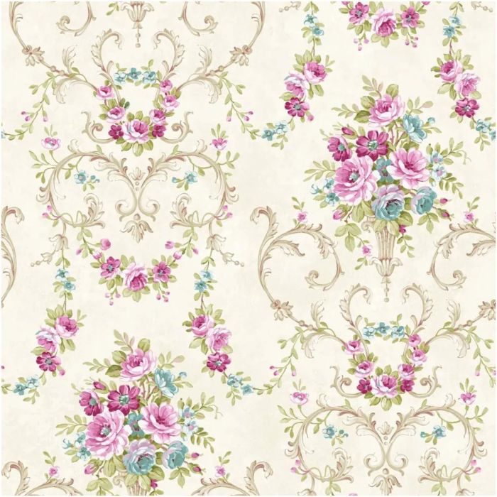 Chelsea Garden Rose Bush Wallpaper Pink Cream Blue